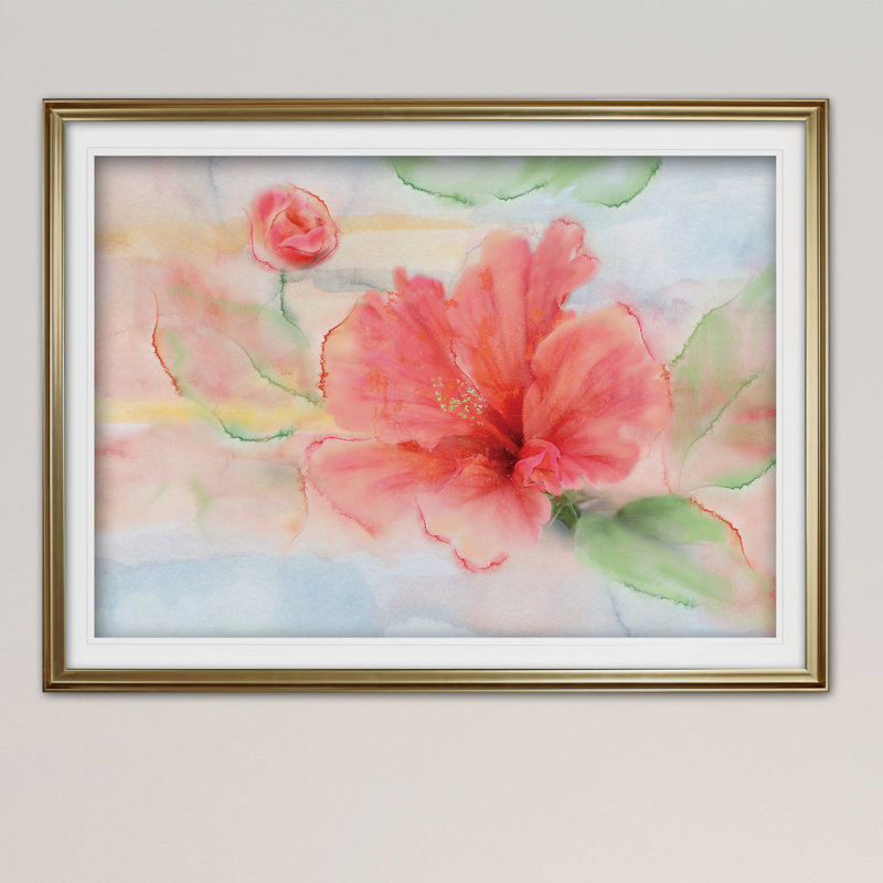 « hibiscus », reproduction de peinture à l’acrylique encadrée, H 28 po x l 38 po x P 1,5 po, Or