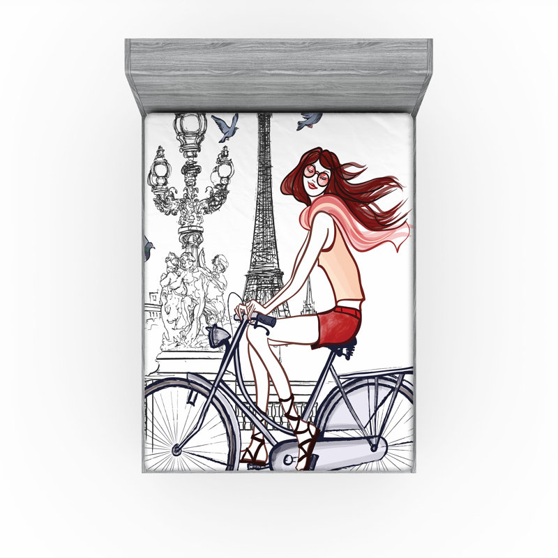 Ensemble de 2 drap-housse Ambesonne Paris Femme à vélo Eiffel gris rouge pêche, Drap-housse de taille double