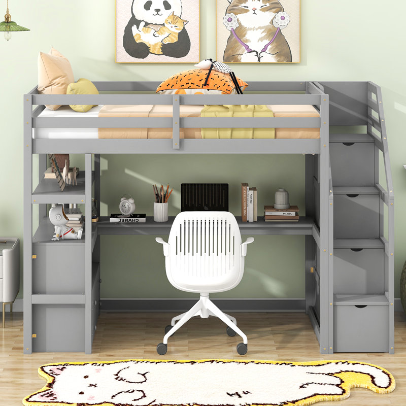 Lit mezzanine avec bureau et tablettes win win, deux tiroirs intégrés, escalier de rangement, gris, Gris
