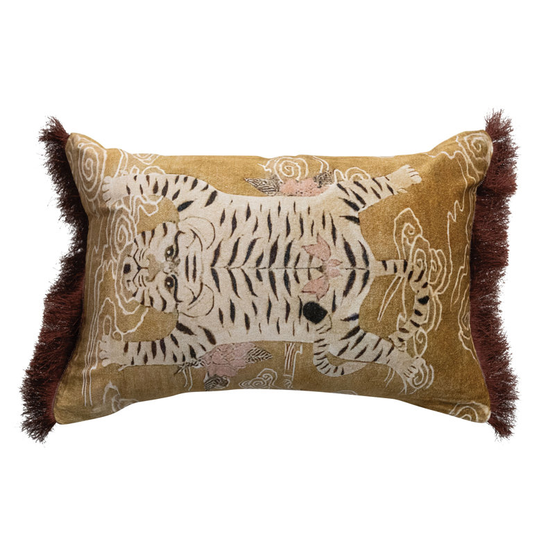 Tibetan Tiger Print Fringe Cotton Velvet Lumbar Pillow