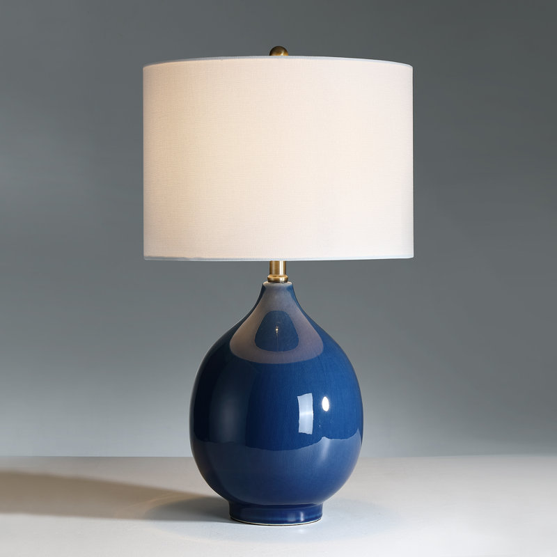 Lampe de table en céramique bleue à 3 voies avec abat-jour tambour