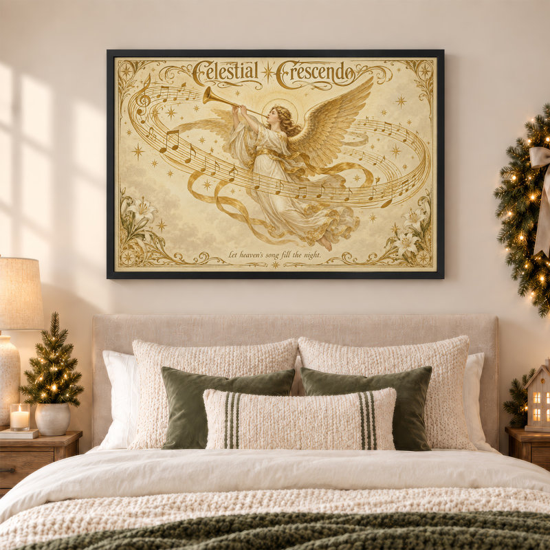Toile de Noël avec ange doré jouant de la trompette avec notes de musique, H 16 po x l 24 po