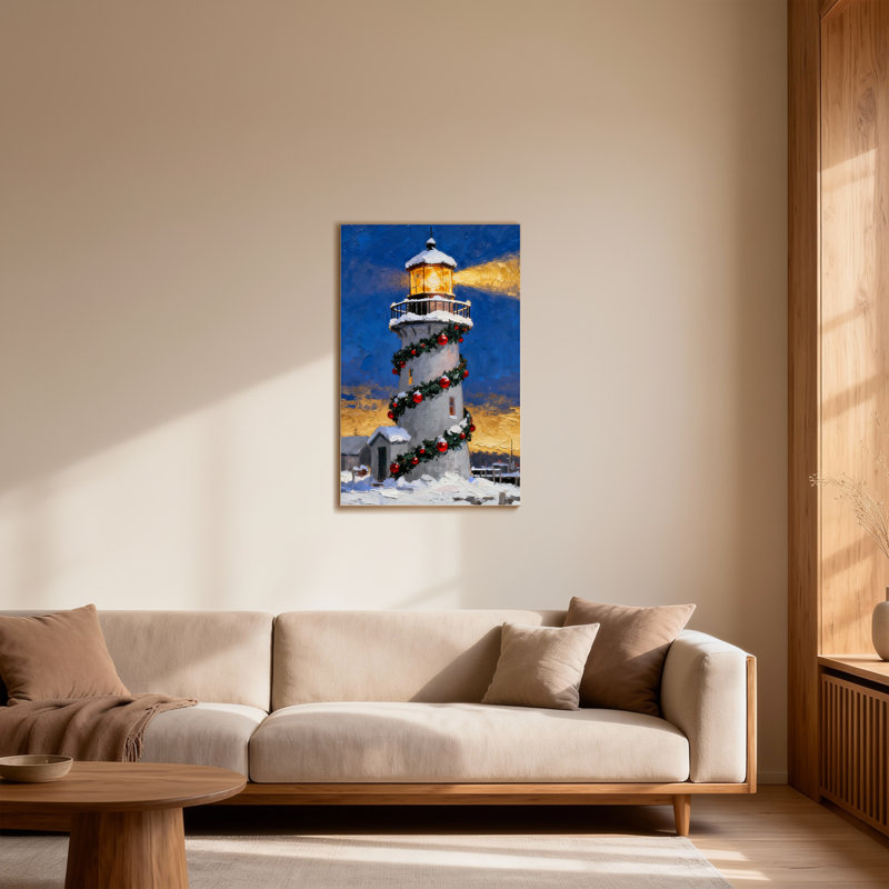 Phare de Noël décoré de guirlandes de Noël et de neige, H 18 po x l 12 po