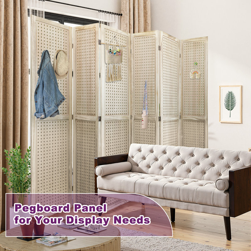 Natural Wood 6-Panel Folding Pegboard Room Divider