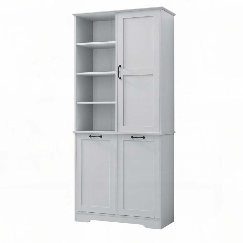 Armoire de rangement de salle de bain avec portes et tiroirs, panier à linge inclinable, plusieurs espaces de rangement, Gris