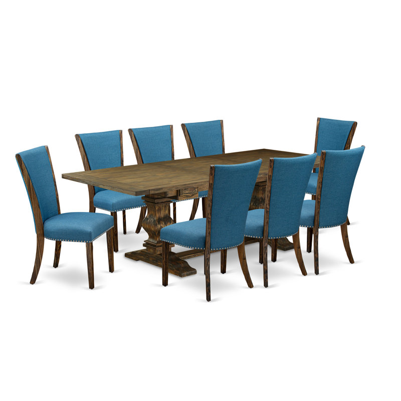 L'ensemble de table de salle à manger 9 pièces comprend une table de salle à manger rectangulaire avec rallonge amovible et 8 chaises Parsons en tissu de couleur bleue, Jacobean patiné