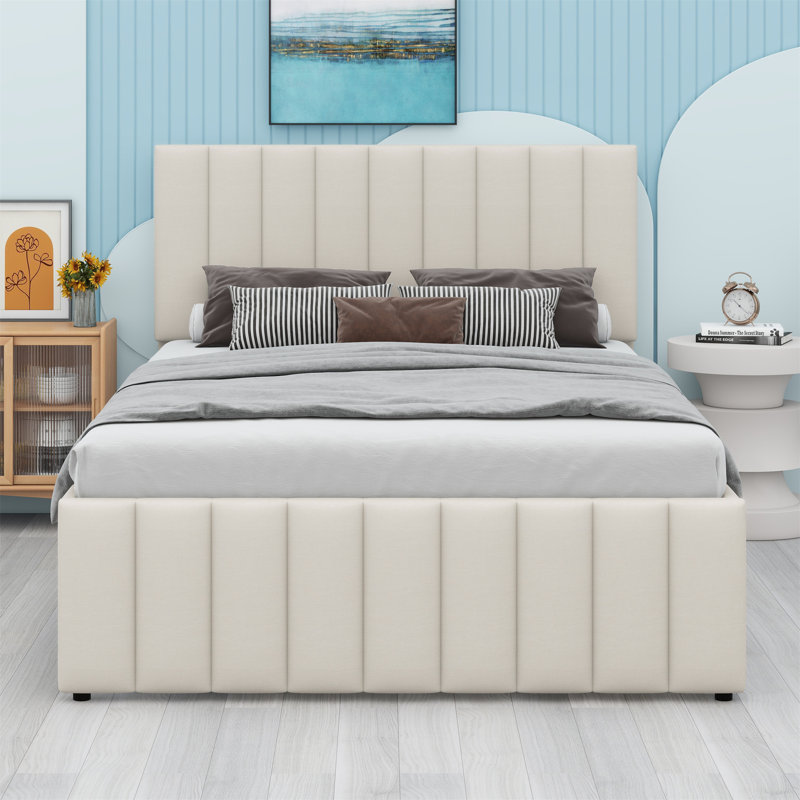 Lit plateforme tapissier avec lit gigogne et 3 tiroirs, Beige