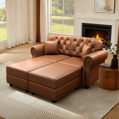 Canapé Chesterfield avec capitonnage à boutons Mid-Century 63 po avec garniture cloutée et 3 repose-pieds