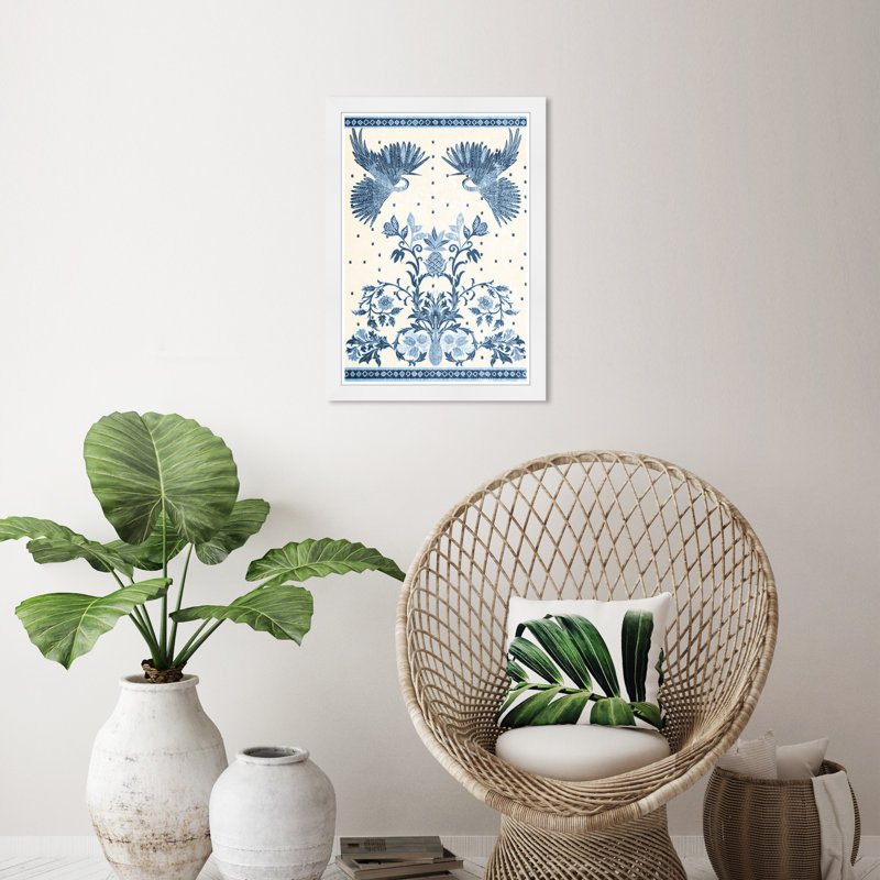 White Framed Blue Crane Print on Archival Paper, 15" x 21"