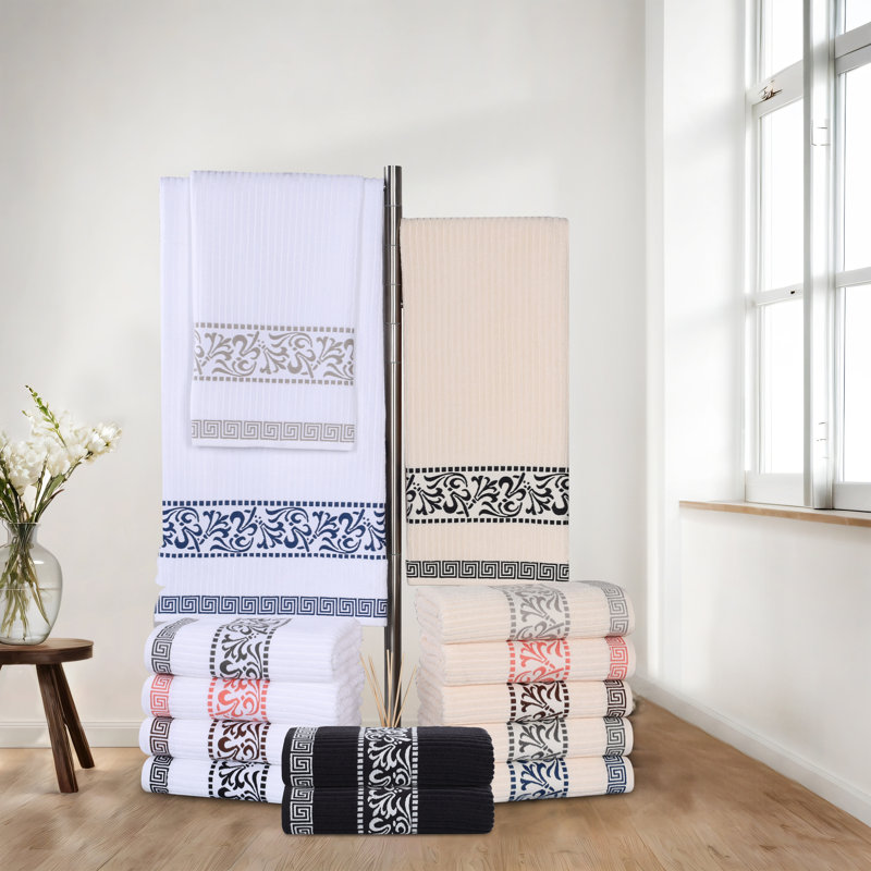 Ivory and Navy Cotton Towel Set with Greek Key Trim