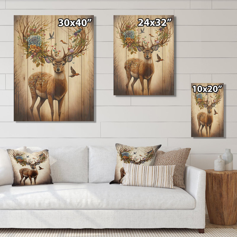Severn Deer avec des bois en floraison II - impression sans cadre sur bois, H 32 po x l 24 po x P 1 po