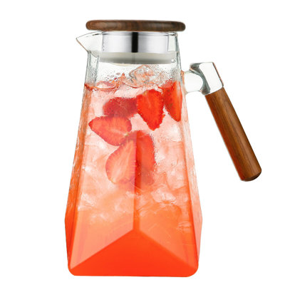 Pichet en verre 1,8 litre 60 oz avec couvercle et poignée en bois - Pichet en borosilicate résistant à la chaleur avec design Trident Star, parfait pour le thé glacé, la limonade, l'infusion froide et les boissons festives (transparent, 60 oz)