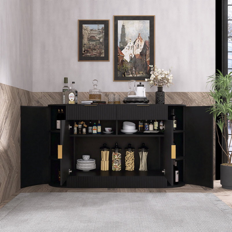 Armoire de rangement moderne 55,1 po avec 2 portes et 2 tiroirs - porte latérale incurvée et tablettes à 3 niveaux, Noir