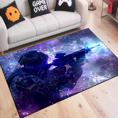70" X 55" Purple Shadow Shooting Battle Game Rug - Colorful Bomb War Design, Polyester Non-Slip Gaming Carpet For Bedroom Playroom