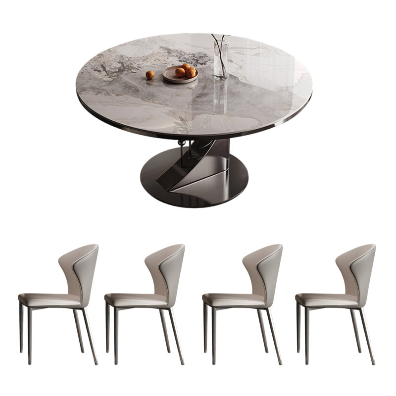 Light luxury household round dining table sets, White/Gray, 29.5"H x 47.2"L x 47.2"W