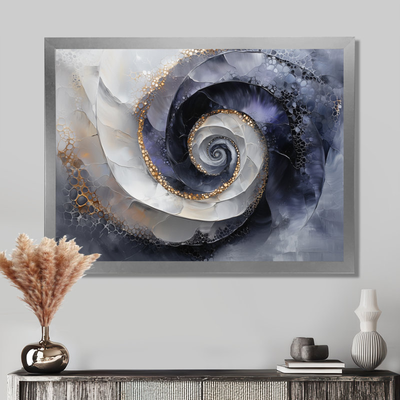 Abstrait Vortex cosmique noir et blanc IV, H 16 po x l 32 po, Cadre flottant, Argent argent