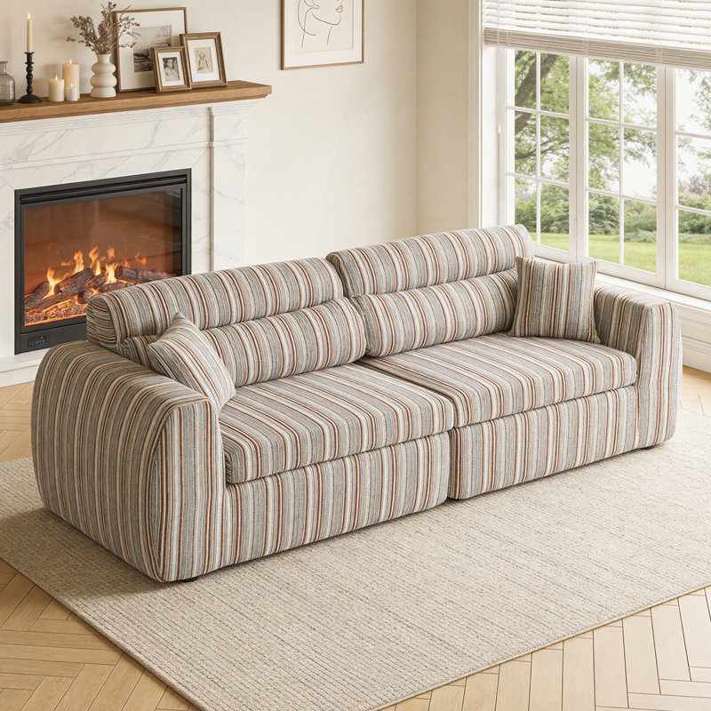 Woven Chenille Striped Compression Sofa, Brown white