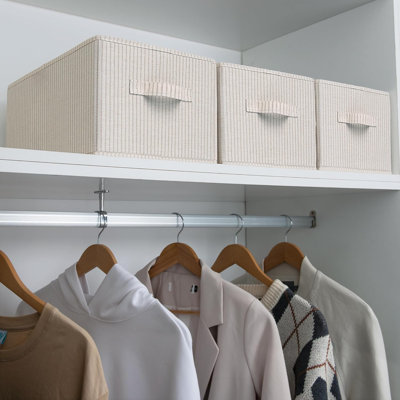 Large Storage Baskets For Shelves, Rectangular Closet Organizers With Handles, Foldable Closet Storage Baskets For Utility Room, 3-Pack, Beige Stripes