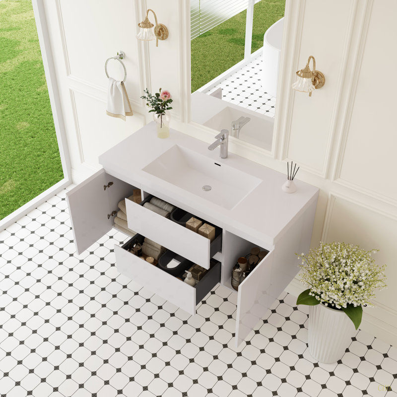 Meuble-lavabo flottant 48 po avec lavabo, meuble-lavabo mural moderne avec lavabo en résine et tiroirs à fermeture en douceur 48 po