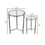 Ensemble de 2 tables de bout, plateau rond en verre, finition argent antique forgé
