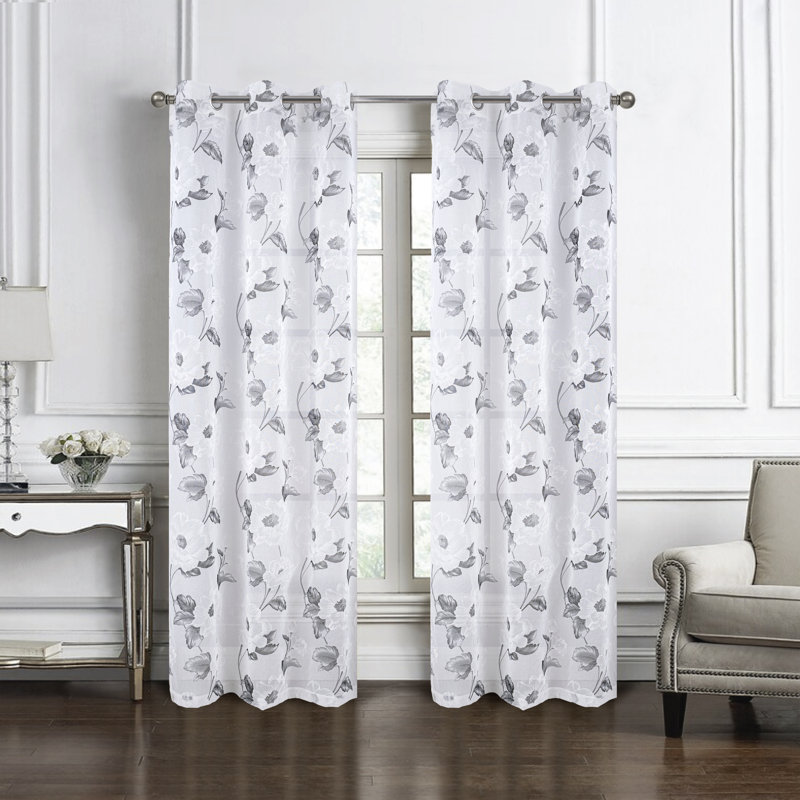 Shurwood Floral Sheer Window Curtain Panel, 54" W x 95" L, Gray