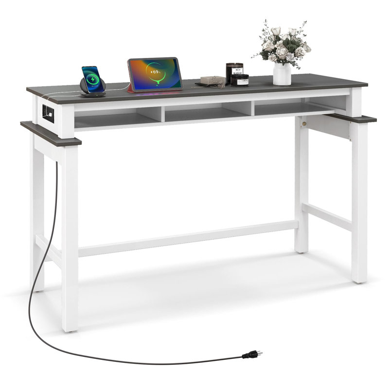 Ebern Designs Bar Table With Power Outlets Counter Height Table With Storage Compartments Wooden, Grey, White