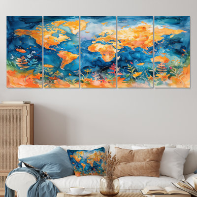 Orange Blue World Map - World Map Wall Art Living Room Set