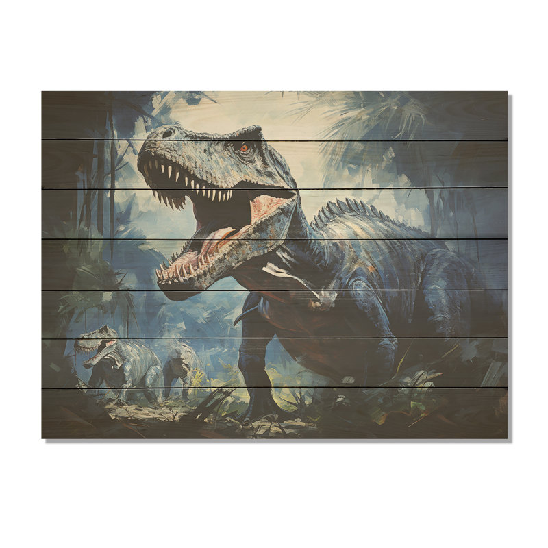 Ancien dinosaure bleu et gris I - dinosaure sur bois, H 10 po x l 20 po