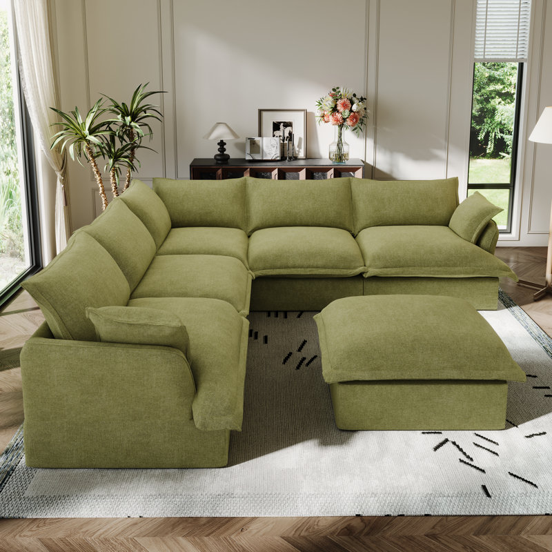 Canapé modulaire en lin mélangé Linen Blend, canapé convertible rembourré Cloud, Mélange de lin vert