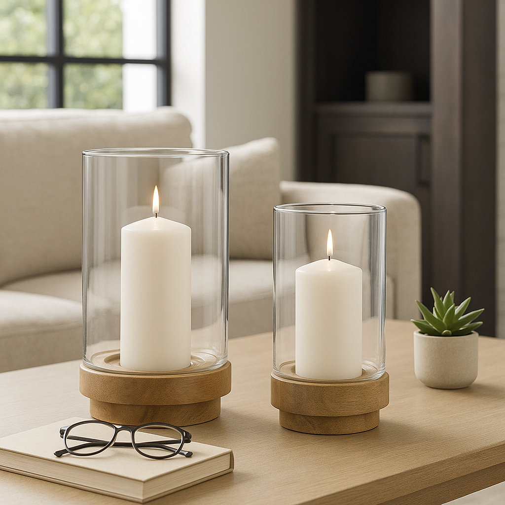 Mango Wood Hurricane Candle Holder, Brown/Clear