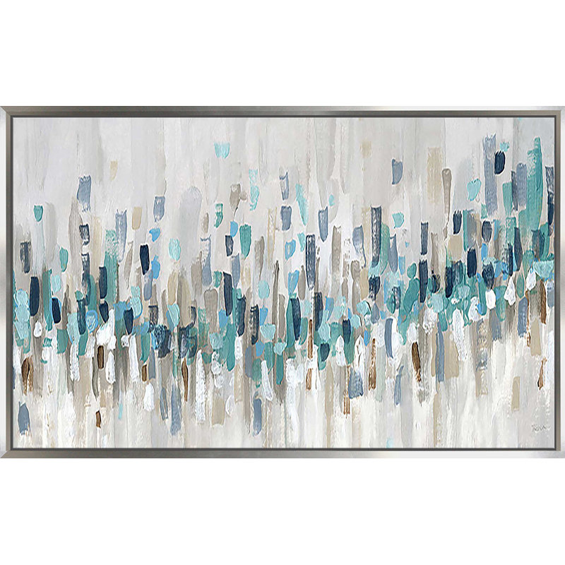 «Blue Staccato» par Katrina Craven - Peinture, Reproduction avec cadre flottant, H 21,5 po x l 33,5 po, Argent argent