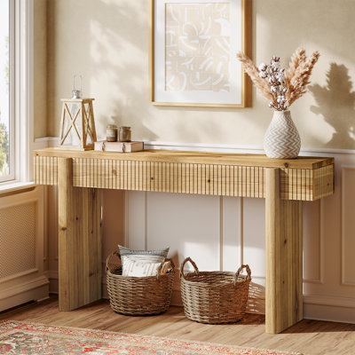 55 Inch Solid Wood Entryway Console Table With Grooves Detail