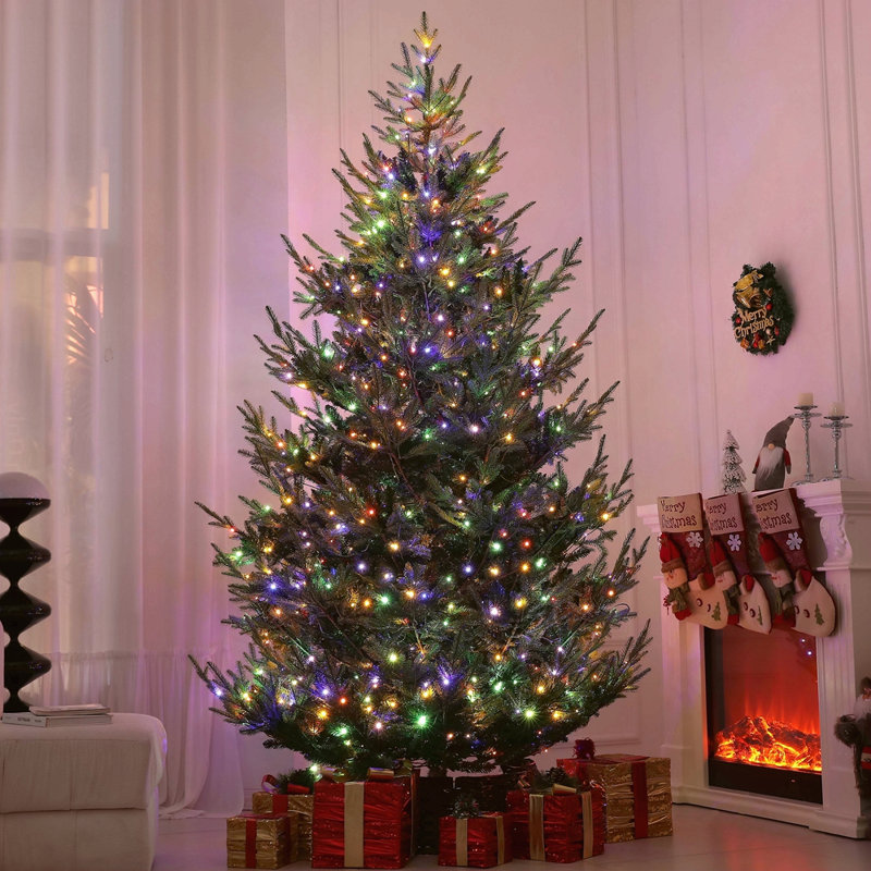 Arbre de Noël artificiel pin 9 pi, pin artificiel nordique avec 300 lumières DEL bicolores et branches de 1939, arbre de Noël articulé à base large