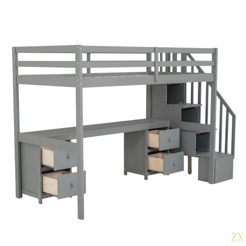 Structure de lit simple de taille mezzanine avec bureau intégré et tiroirs de rangement doubles, Gris