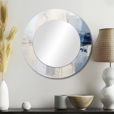 Serach, peinture blanche et bleue Fusion - miroir de peinture abstraite, miroir mural rond beige, impression d'art en métal