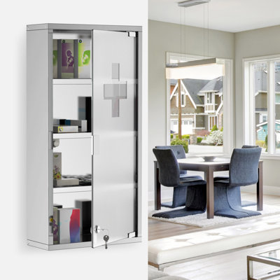 Wall Mounted Medicine Cabinet, Locking Wall Cabinet With 4 Tier Shelves, Stainless Steel Frame And Glass Door, Lockable With 2 Keys