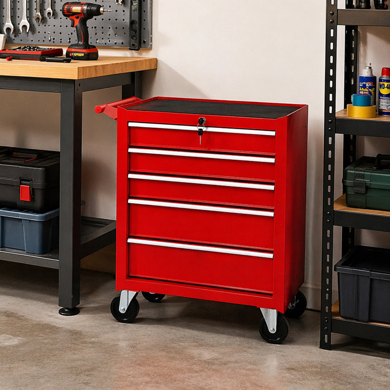 Coffre à outils à 5 tiroirs avec serrure et clé, armoire de rangement pour outils avec roulettes, coussin supérieur et doublure de tiroir, coffre à outils pour le garage, l'entrepôt et l'atelier de réparation-ROUGE