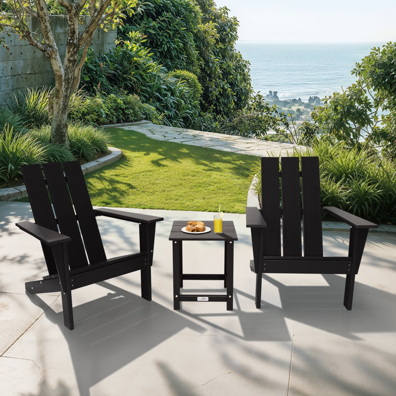 Arcadia Black HDPE 3-Piece Outdoor Adirondack Chair and Table Set