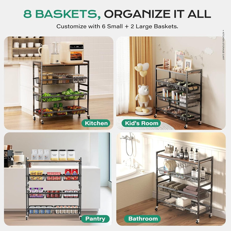 Chariot de cuisine à quatre niveaux avec plateau en bois et paniers amovibles, chariot de rangement roulant en métal avec tablettes réglables et roulettes verrouillables pour le garde-manger, le goûter et l'organisation des fruits
