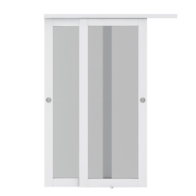 1-Lite Frosted Tempered Glass Sliding Double Bypass Closet Door with Installation Hardware Kit