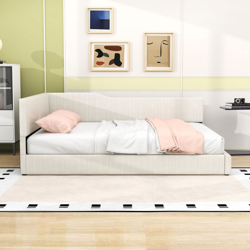 L-Shaped Upholstered Daybed with Slats, Beige, Complet/Double
