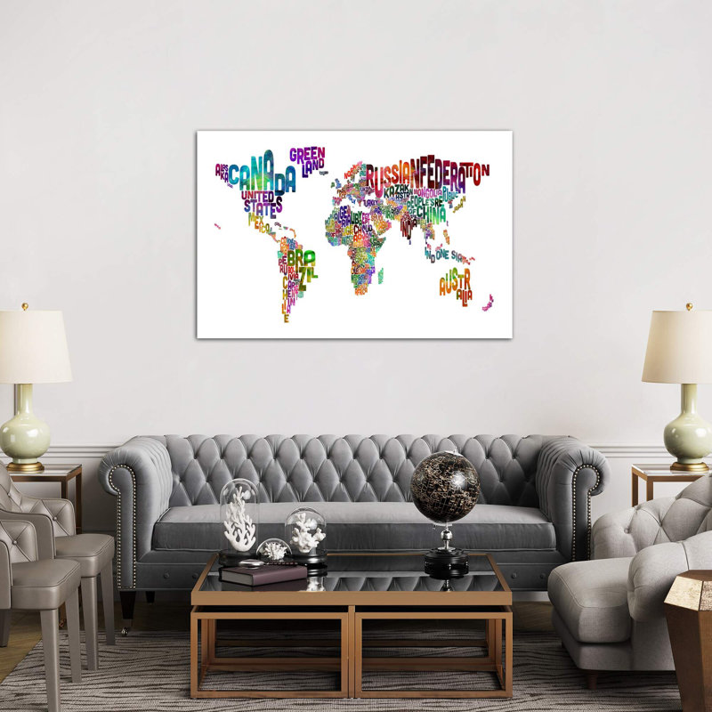 World (Countries) Typographic Map by Michael Tompsett - Print on Canvas, Dark Purple/Blue/Green, Wrapped Canvas