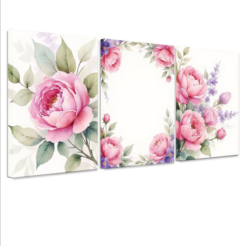 «Pink Rose», reproduction d'art sur toile, ensemble de 3, H 30 po x l 60 po