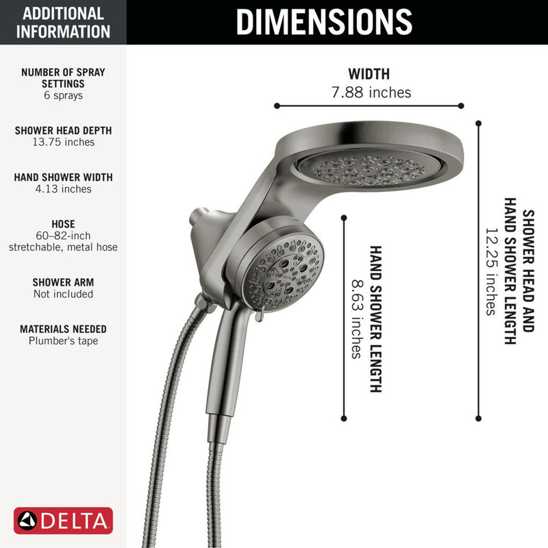 6-Setting HydroRain 2-in-1 Dual Shower Head with ProClean Spray, 2.5 GPM, Lumicoat  Black Stainless