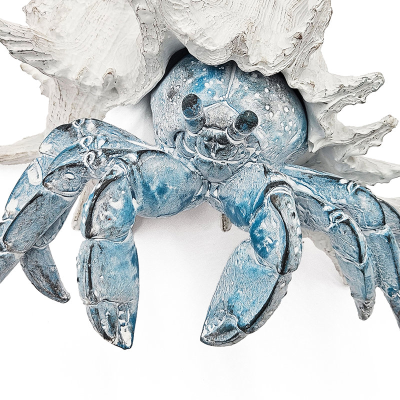 Lifelike Hermit Crab Figurine With White Shell, 7" H x 9.3" W x 9.3" D, White/Blue