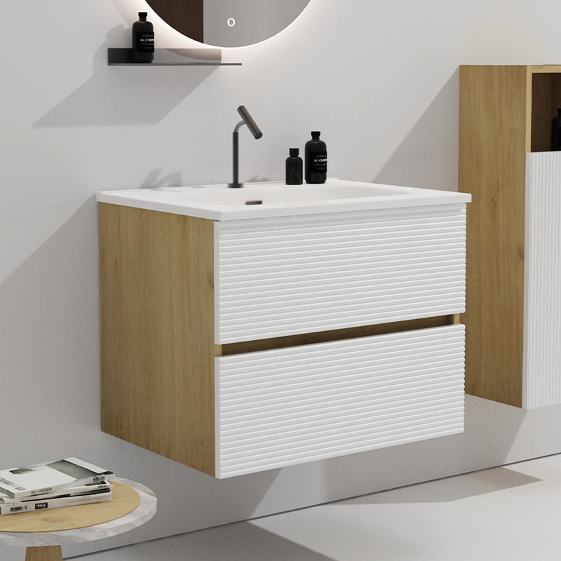 Armoire de salle de bain moderne - blanc neige et chêne naturel, évier intégré en céramique, rangement généreux, fonction de débordement de meuble-lavabo silencieux à fermeture en douceur