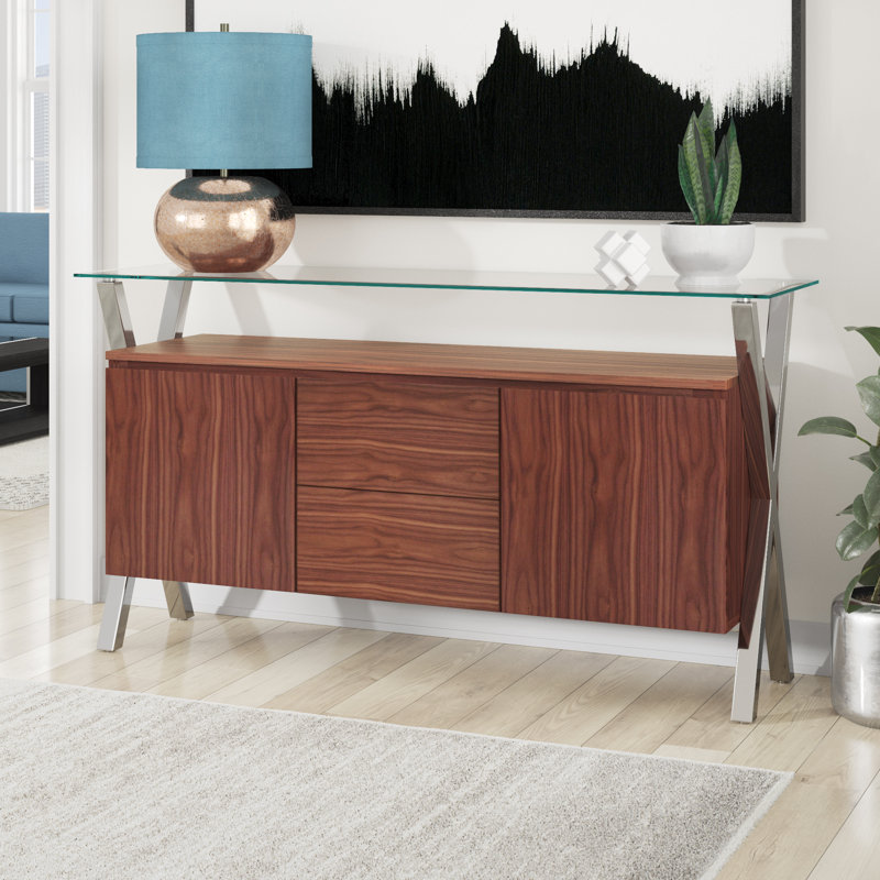     Pangea Home Beverly Modern Buffet Sideboard – Contemporary 2-Door, 2-Drawer Storage Cabinet with Walnut Wood Veneer Finish – Dining Room, Living Room, or Entryway Credenza