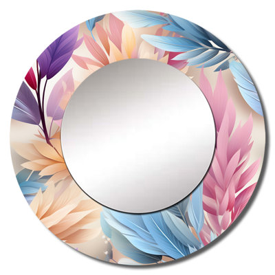 Ruchma Pink And Blue Bohemian Ferns Pattern - Floral Unique Mirror, Blue Large Round Wall Mirror, Printed Metal Art
