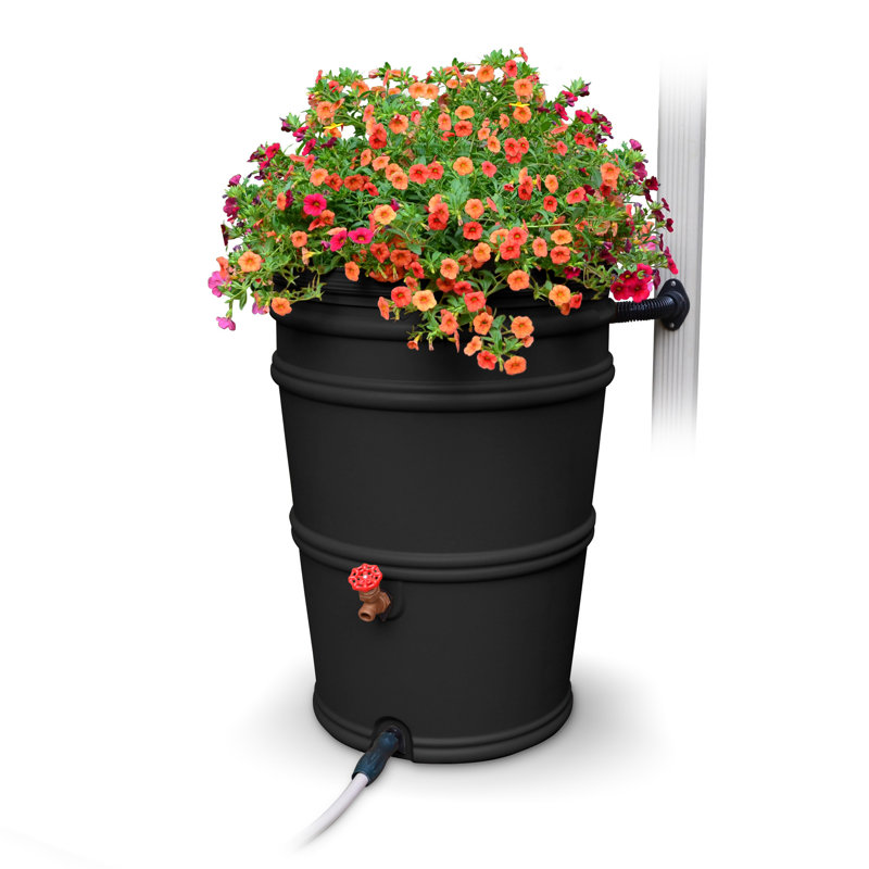 EarthMindedConsumerProducts 45 Gallons Plastic Drainable Planter Rain Barrel and Hose, Recycled Black