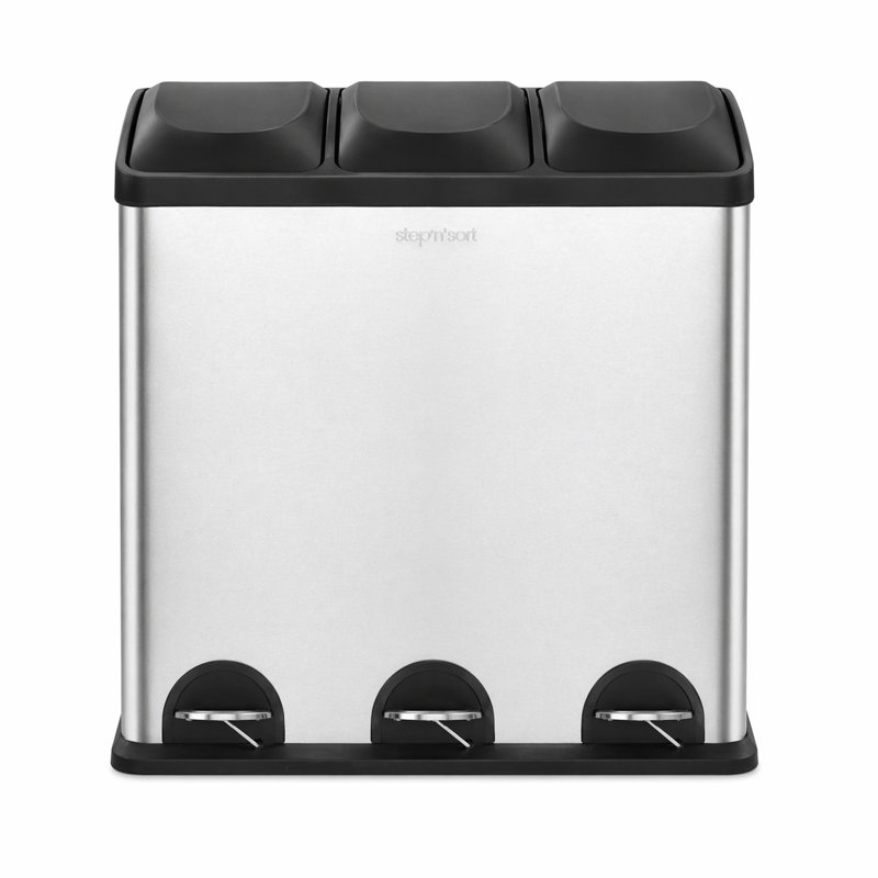 Poubelle à recyclage à 3 compartiments, poubelle de cuisine à pédale en acier inoxydable 16 gallons, système de tri triple pour les déchets, le recyclage et le compost, 3 seaux intérieurs amovibles, résistant aux empreintes digitales
